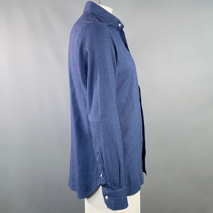 ISAIA Size L Navy Black Houndstooth Cotton Spread Collar Long Sleeve Shirt