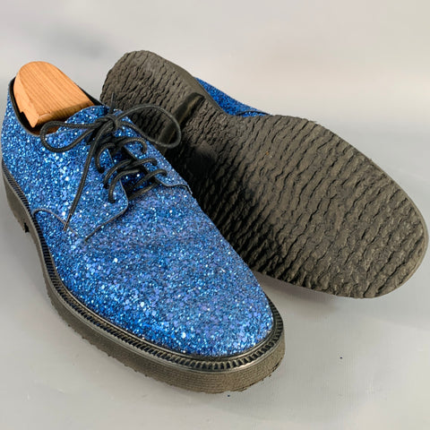 GIUSEPPE ZANOTTI Size 11 Blue Glitter Leather Derby Lace-Up Shoes