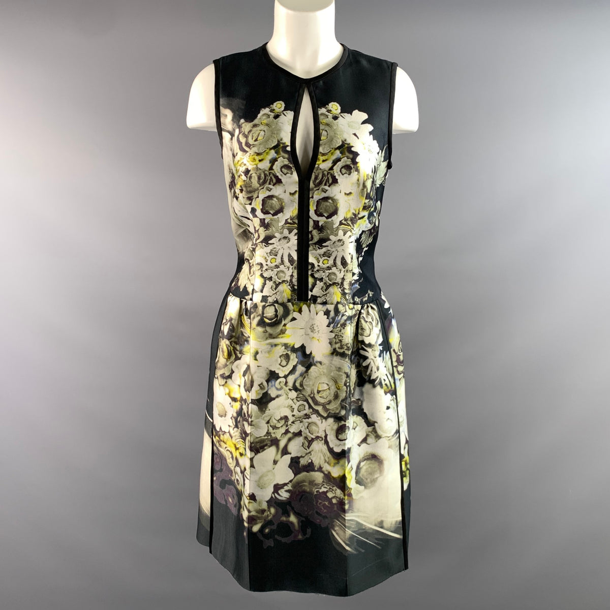 PRADA Size 6 Black Lime Silk Blend Floral Cocktail Dress