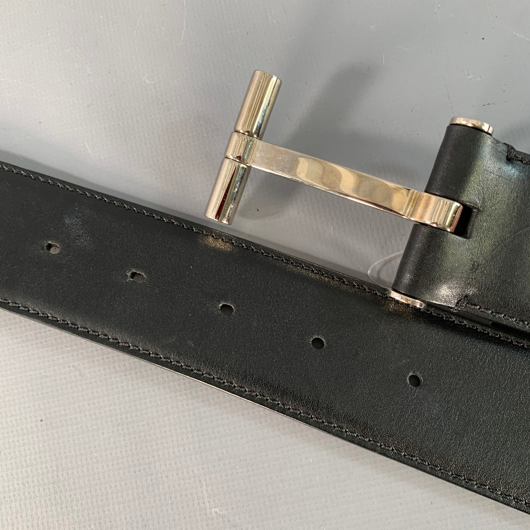 TOM FORD Size 38 Black Silver Monogram Leather T Belt