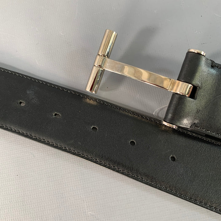 TOM FORD Size 38 Black Silver Monogram Leather T Belt