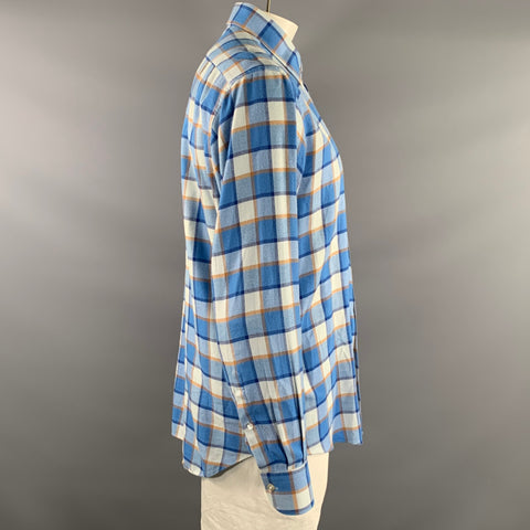 FRAY Size L Blue Orange & White Plaid Cotton Pointed Collar Long Sleeve Shirt