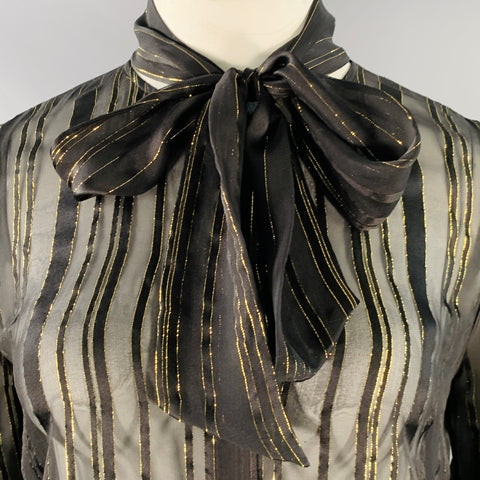 FRAME Size L Black Gold Metallic Stripe Bow Button Up Blouse