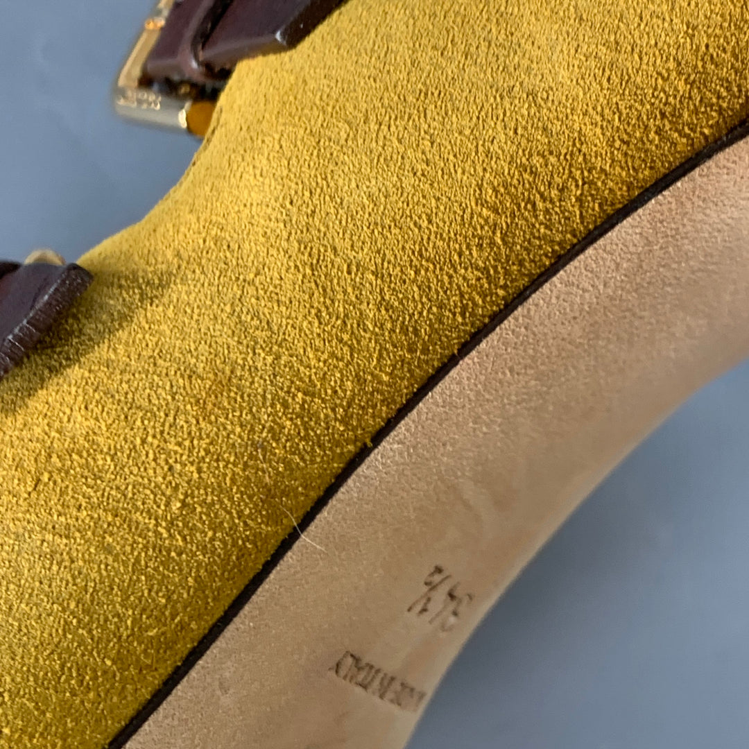 JIMMY CHOO Size 4.5 Yellow Brown Suede Buckle Stiletto Cage Boots