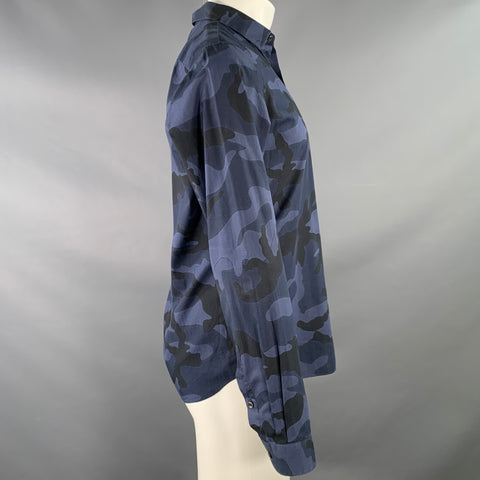 VALENTINO Size M Navy Black Camouflage Cotton Button Up Long Sleeve Shirt