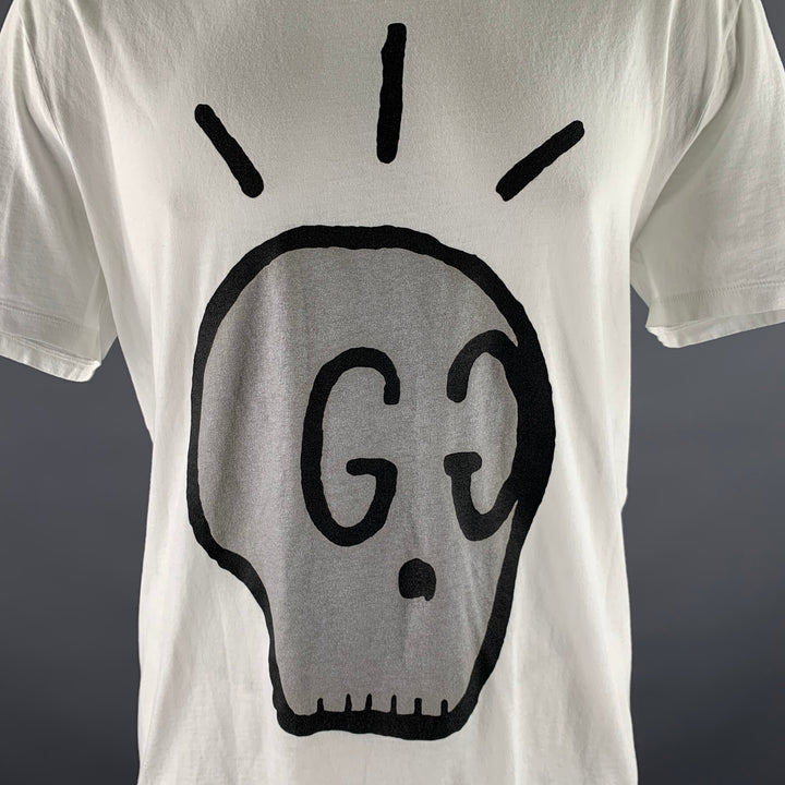 GUCCI Size XL White Grey Black Graphic Cotton Scoop Neck T-shirt