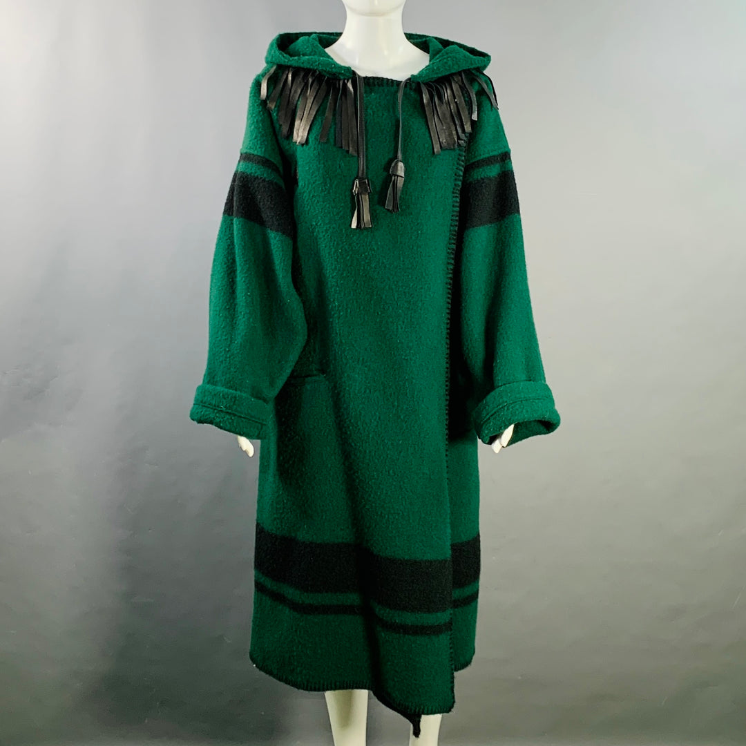 JEAN CHARLES DE CASTELBAJAC Size 2 Green Black Wool Leather Fringe Hooded Coat