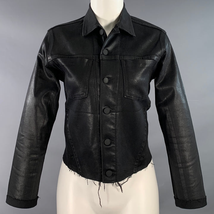 L'AGENCE Size M Black Coated Cotton Blend Raw Edge Denim Jacket