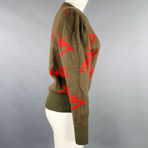 LANCEL Size M Red Olive Wool Blend Signature Print Knit Sweater