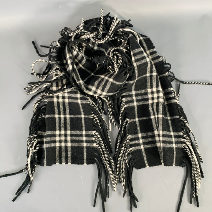 BURBERRY Black White Plaid Fringe Trim Cashmere Scarf
