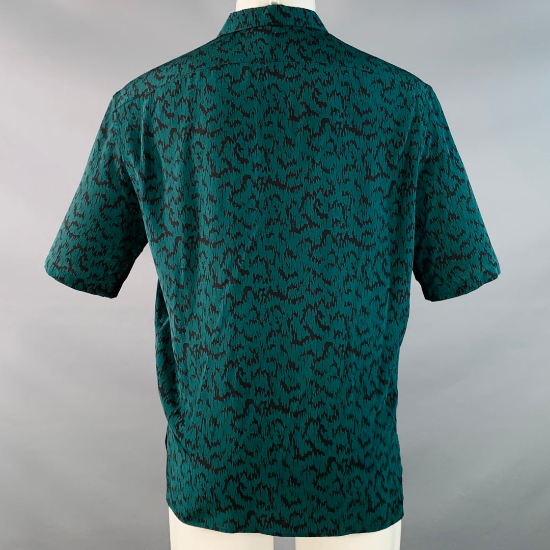 SAINT LAURENT Size S Green Black Abstract Zig Zag Silk Spread Collar Short Sleeve Shirt