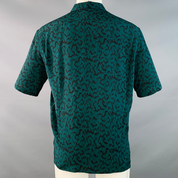 SAINT LAURENT Size S Green Black Abstract Zig Zag Silk Spread Collar Short Sleeve Shirt