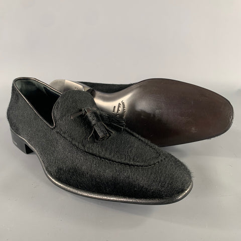 SALVATORE FERRAGAMO Size 8 Black Leather Calf Hair Tassels Loafers
