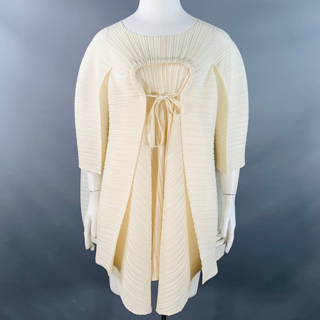 RON DAVID STUDIO One Size Cream Polyester Pleated 3/4 Sleeves Tie Dress