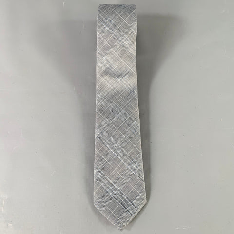 BLACK FLEECE Grey White Plaid Wool Skinny Tie
