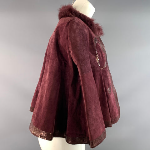 ADRIENNE LANDAU Size L Burgundy Suede Sequined Suede Cape