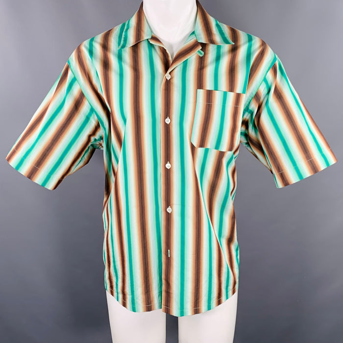MARNI Size M Green Brown Stripe Cotton One Pocket Short Sleeve Camp Shirt