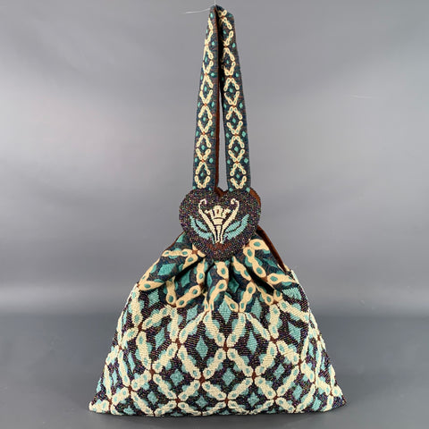 MURIEL BRANDOLINI Blue Brown White Beaded Hand Embroidered Cotton Handbag