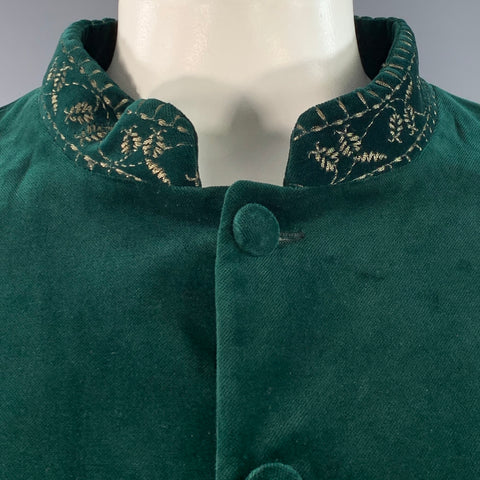 FAVOURBROOK Size 48 Green Velvet Cotton Embroidered Nehru Collar Sport Coat