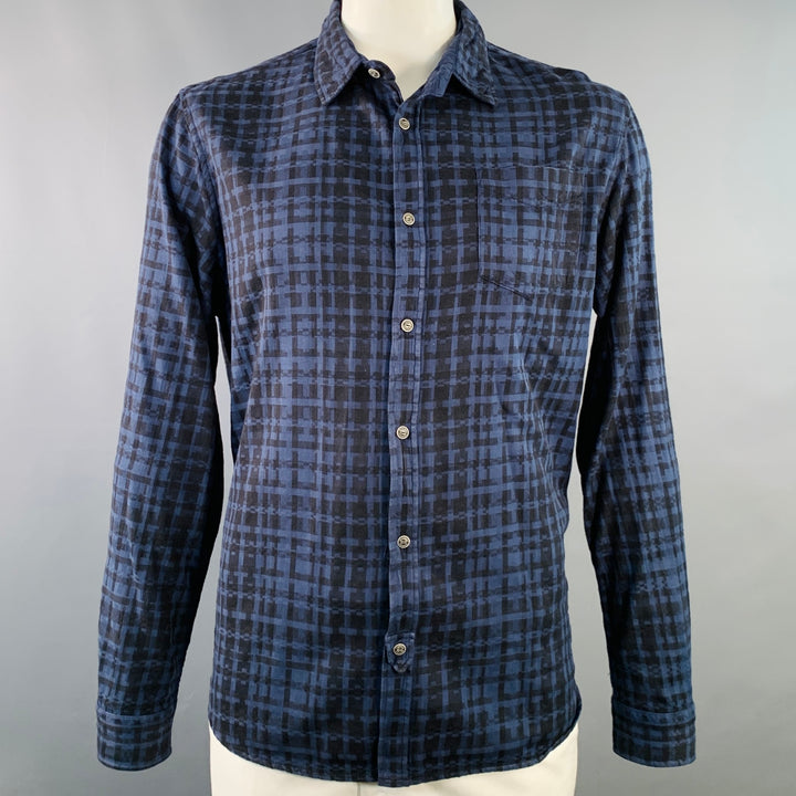 WOOLRICH Size XL Navy Black Plaid Cotton One Pocket Long Sleeve Shirt
