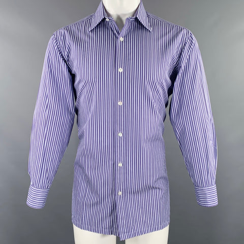CHARVET Size M Blue Light Blue Stripe Cotton Spread Collar Long Sleeve Shirt