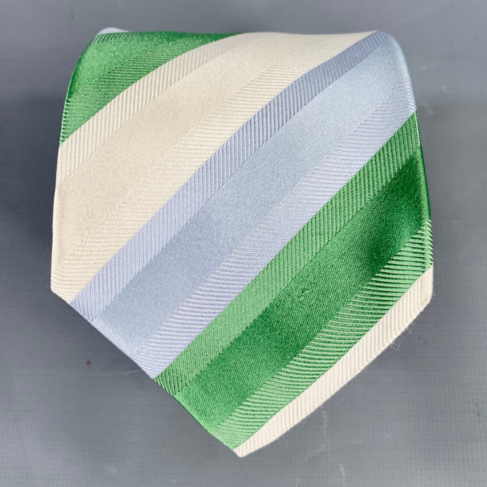 KITON Cream Blue Green Diagonal Stripe Silk Tie
