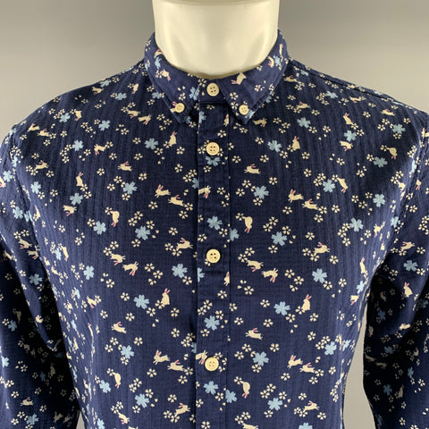 LEVI'S Size M Navy Blue Floral Rabbit Print Cotton Long Sleeve Shirt