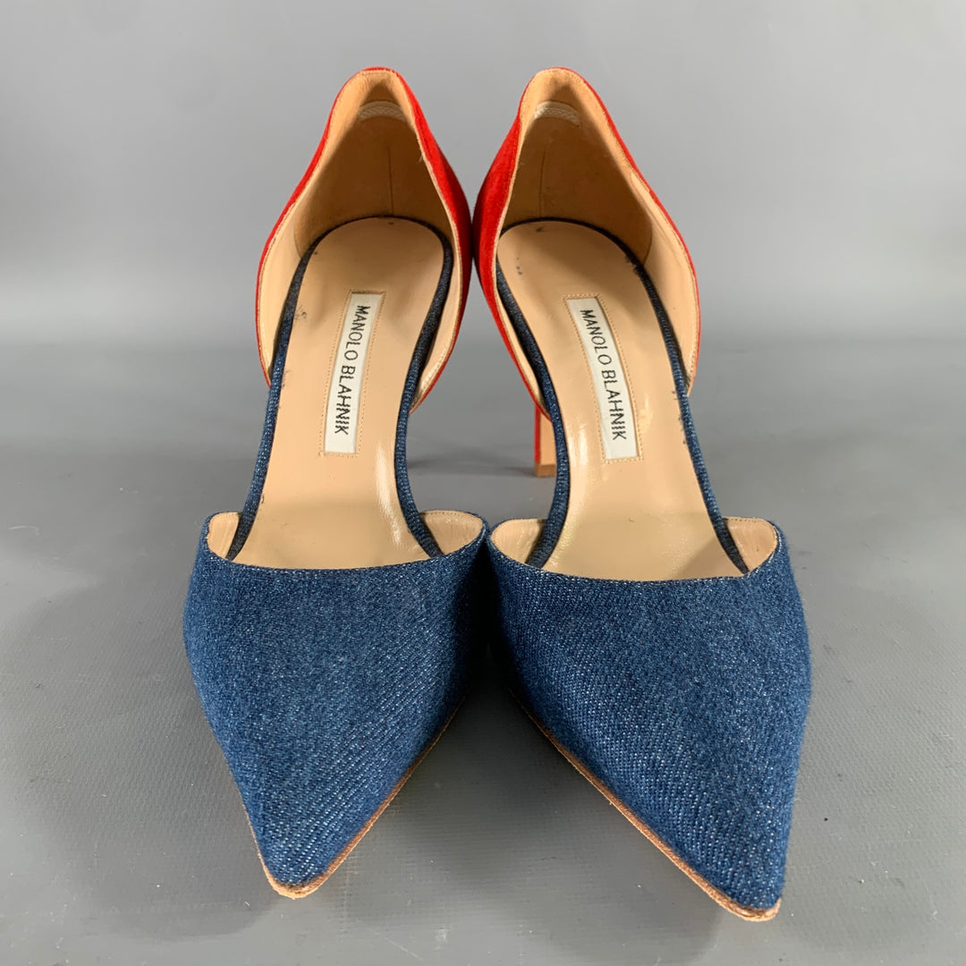MANOLO BLAHNIK Size 9.5 Blue Red Suede Two Tone Suede Pointed Toe Pumps