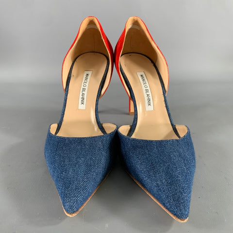 MANOLO BLAHNIK Size 9.5 Blue Red Suede Two Tone Suede Pointed Toe Pumps