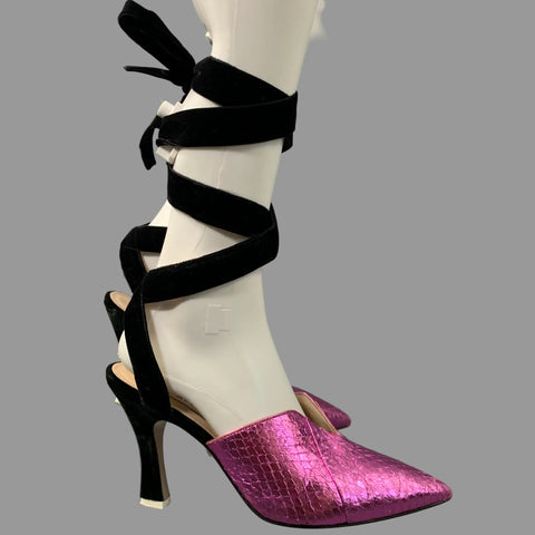 ATTICO Size 8 Purple Black Leather Snake Embossed Pointed Toe Pumps