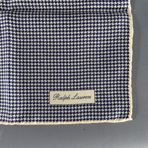 RALPH LAUREN Blue Cream Houndstooth Silk Pocket Square