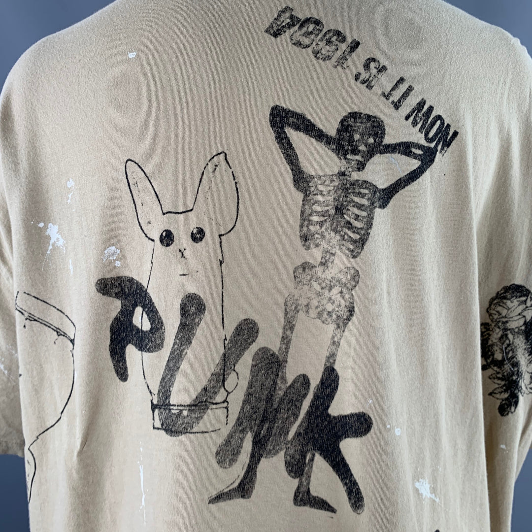 R13 Size M Stamp Khaki Black Cotton Punk Short Sleeve T-shirt