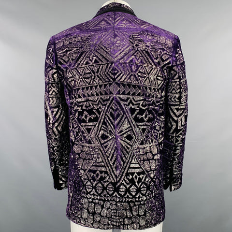 EMILIO PUCCI Size 38 Purple Silver Geometric Embroidery Velvet Shawl Sport Coat