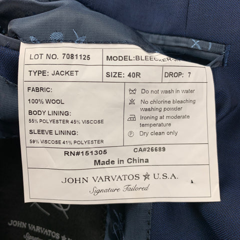JOHN VARVATOS * U.S.A. Size 40 Navy Wool Notch Lapel Sport Coat