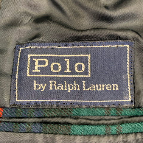 POLO par RALPH LAUREN Veste de sport en laine à revers crantés, à carreaux verts, noirs et rouges, taille 44 Longue