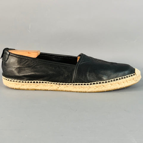 SAINT LAURENT Size 12 Black Natural Logo Leather Espadrille Sneakers