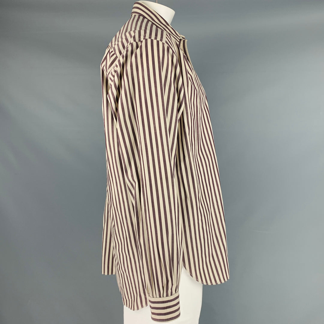 AGUJAS Talla XL Camisa de manga larga con tapeta larga de algodón a rayas color crema marrón