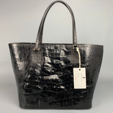 REYNA ICAZA Montecito Black Leather Alligator Tote Handbag