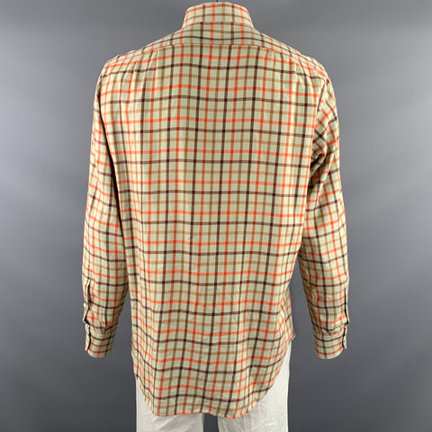 FRAY Size XL Green Orange & Brown Plaid Cotton Pointed Collar Long Sleeve Shirt