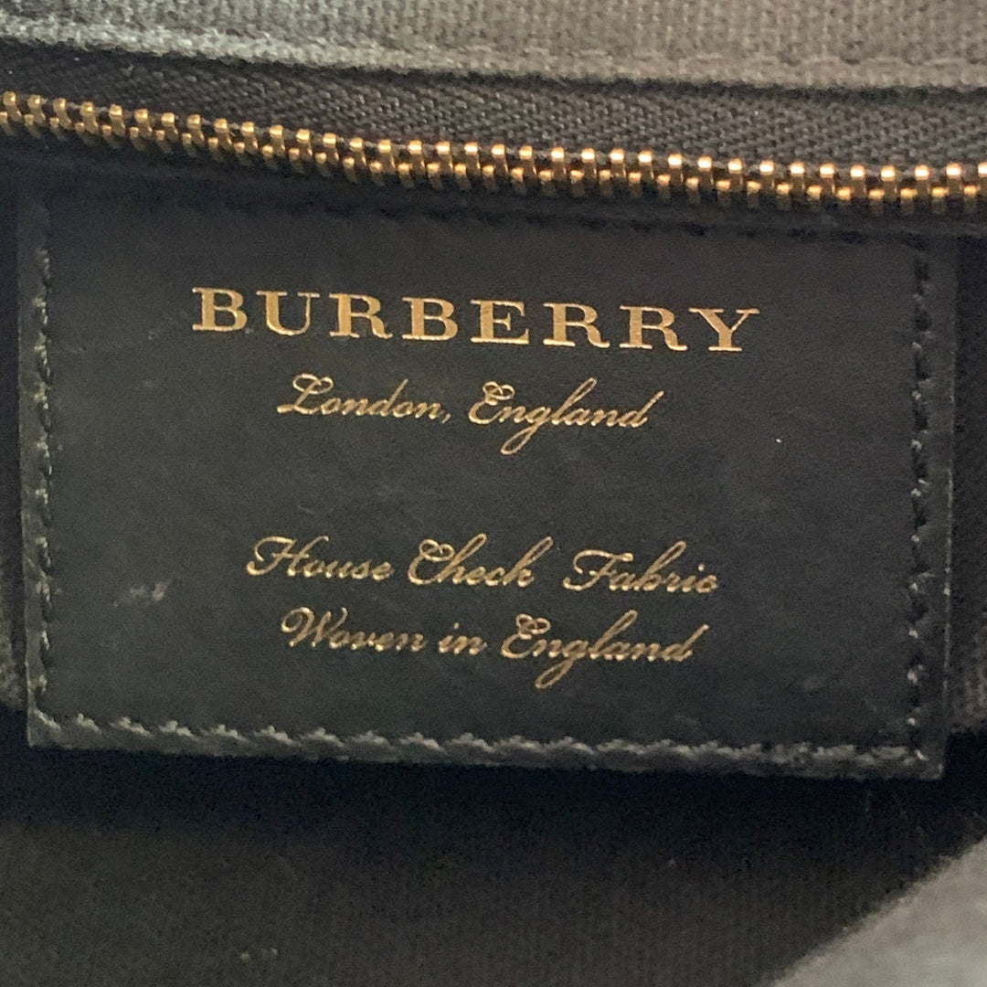 BURBERRY Small Canter Black Beige Plaid Pebble Grain Leather Canvas Handbag
