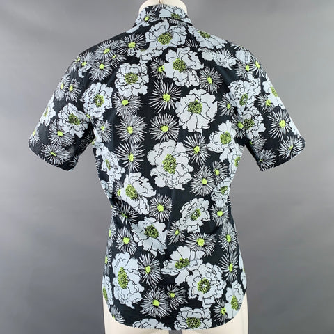 PRADA Size S Black Blue Green Floral Cotton Button Up One Pocket Short Sleeve Shirt