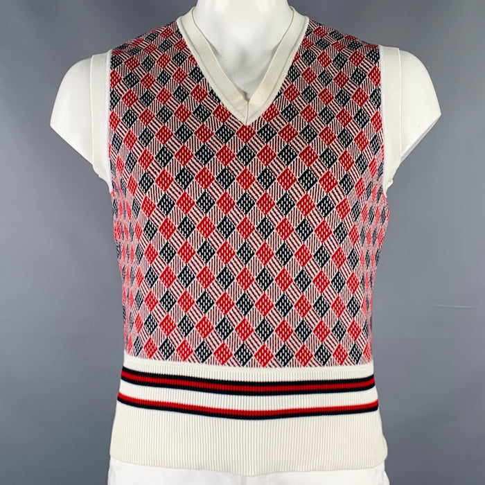 BLACK FLEECE Size L White Red Black Diamond Cotton V-Neck Vest