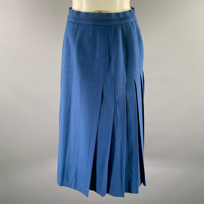 HERMES Size 6 Blue Wool Pleated Knee-Length Skirt