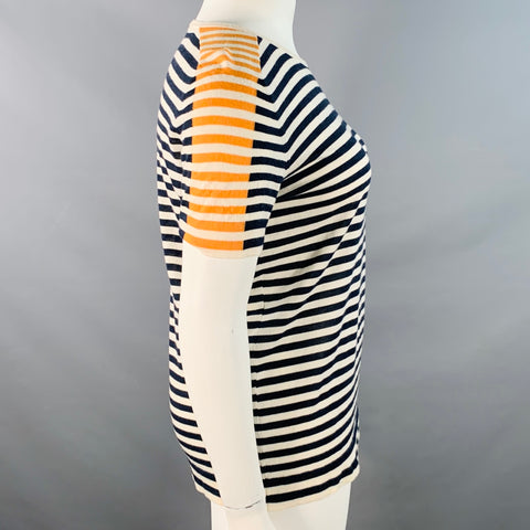 AKRIS Size 12 White Multi Color Wool Stripe Color Block Crew Neck T-Shirt