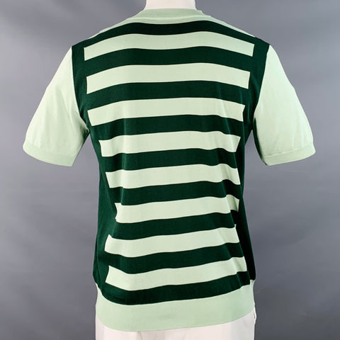 PRADA Size L Green Light Green Jersey Stripe Silk Cotton Short Sleeve Pullover