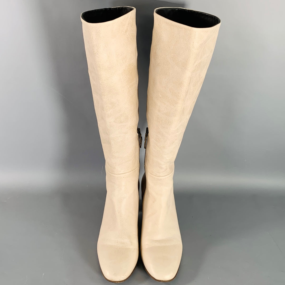 PANTANETTI Size 7.5 Beige Leather Stacked Heel Calf High Boots