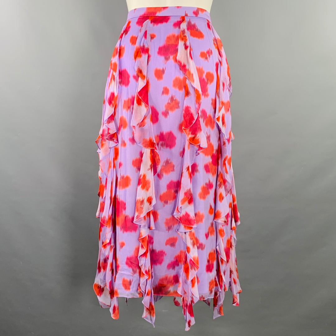 CAROLINA HERRERA Size 2 Purple Red Viscose Abstract Floral Ruffle Midi Skirt