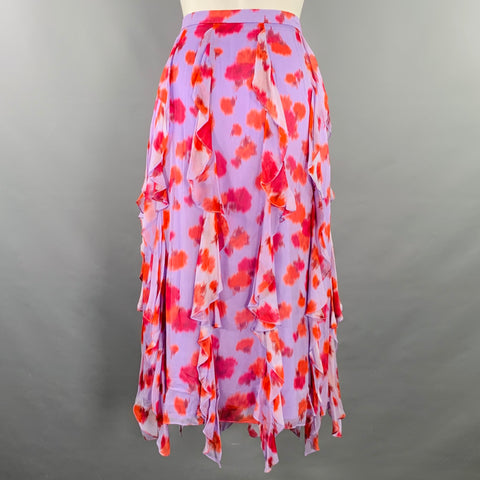 CAROLINA HERRERA Size 2 Purple Red Viscose Abstract Floral Ruffle Midi Skirt