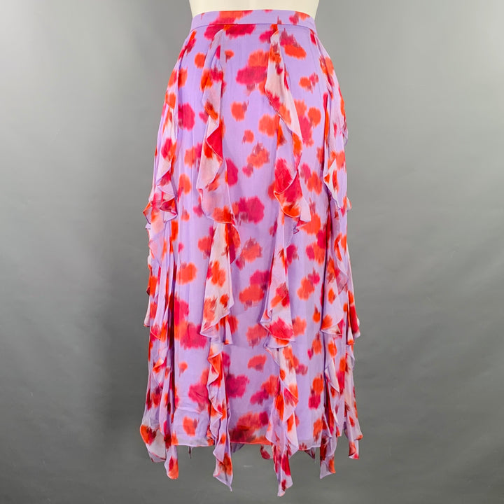 CAROLINA HERRERA Size 2 Purple Red Viscose Abstract Floral Ruffle Midi Skirt