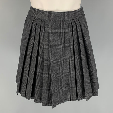 CELINE Size 4 Charcoal Plaid Wool Pleated Mini Skirt